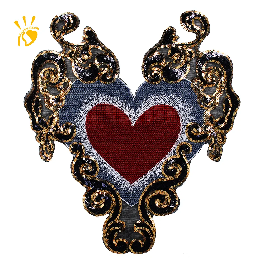 Beaded Gold Sequin Heart Patches Embroidery Applique Sacred Heart Badges Clothes Decorated Craft Sew on Customized