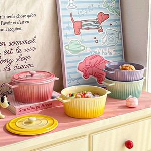 Olla de cerámica con doble asa para sopa, gran capacidad, color degradado, apta para microondas, para uso doméstico. - Product Image 4