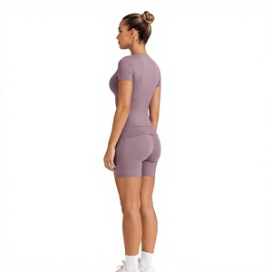 Customized Women Yoga Set Quick Dry Seamless Gym <b>Workout</b> Outfit Short Sleeve Top High Waist Biker Shorts Activewear Set - Product Image 5