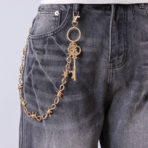 Cadena de cintura Golden Thorn con forma de llave, de aleación de zinc, estilo hip hop, para pantalones, uso diario, unisex, accesorio de cadena corporal de metal. - Product Image 1
