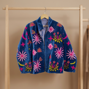 High Quality <b>Velvet</b> Floral <b>Jacket</b> <b>Women's</b> Mandarin Collar Full Sleeve Autumn Style Handmade Open Stitch Design 100% Cotton - Product Image 3