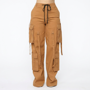 Pantalon cargo pour homme 100% coton toile, fermeture à cordon plat, taille haute, coupe ample, longueur intégrale avec poches cargo - Product Image 1