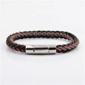 Men'S Magnetic Buckle Stainless Steel Clasp Double Coluor Brown And Black Genuine Cow Leather Bracelet