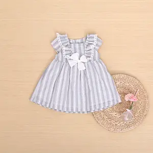 Baby Mädchen grau Gingham doppels chichtige Baumwolle Spitze Kleid neuesten Kleider Design mit Schleife