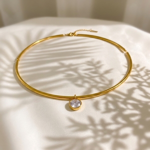 18K PVD Gold Plate Stainless Steel <strong>Necklace</strong> Classic White Circle Shaped Zircon Pendant <strong>Choker</strong> <strong>Necklace</strong> - Product Image 5