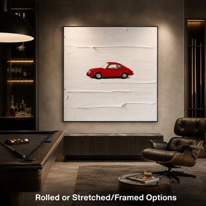 Peinture murale abstraite minimaliste moderne en toile peinte à la main de qualité supérieure, plâtre blanc, texture 3D, art de voiture de sport rouge - Product Image 1