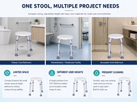 Siège de douche compact SimplyWalk avec pieds en caoutchouc gris et support de documents de conformité pour les acheteurs soucieux de l'accessibilité dans les salles de bain