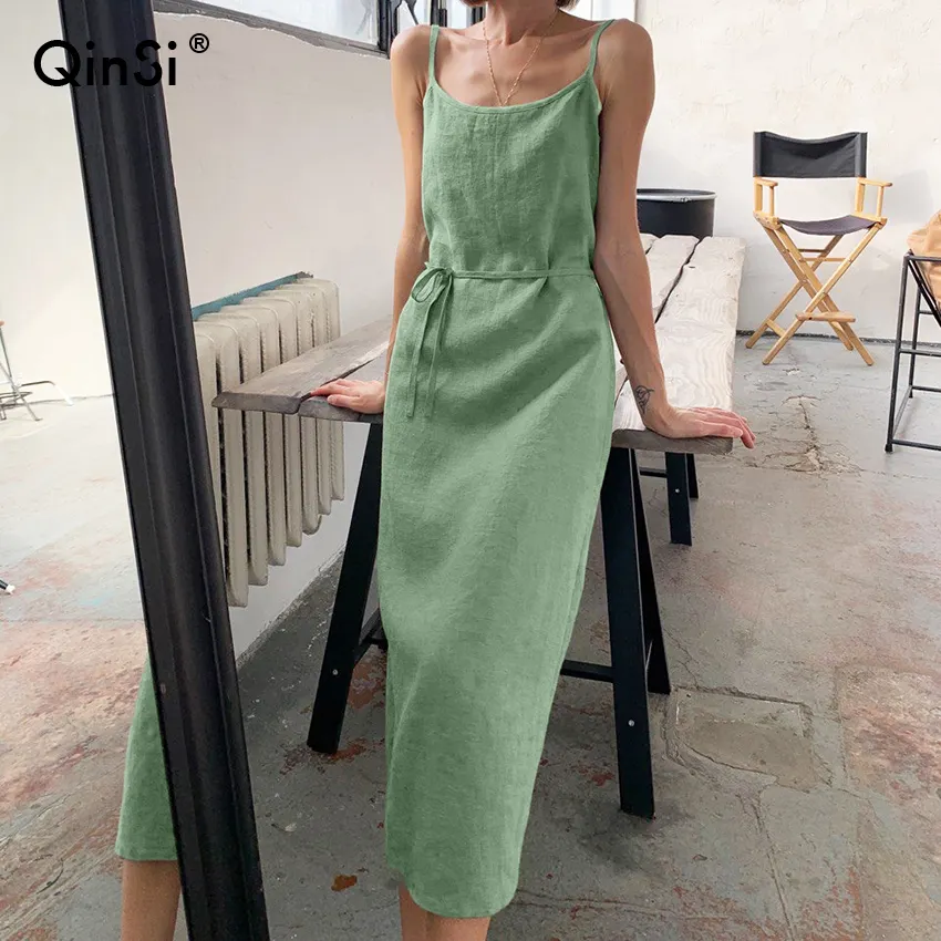 QINSI Women Sexy Nightwear Spaghetti Strap Backless allacciatura camicia da notte da donna a metà polpaccio 2023 primavera abito da notte in cotone verde