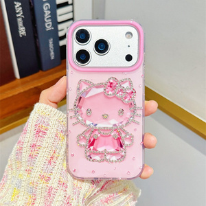 Coque de téléphone portable Cartoon Diamond KT Cat Bow pour iPhone 17 16 15 Pro Max, cadre d'appareil photo mignon et brillant, coque arrière 3D en cristal DIY IMD - Product Image 1