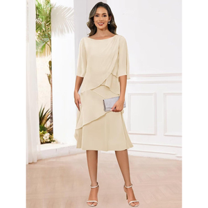 Bolodoo 2025 chiffon רשמי שמלה רשמית מזדמנים שמלת כלה באורך תה אמא כלה שרוולים קצרים ruffles מותן טבעי עבור פנאי פנאי - Product Image 2