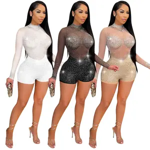Q21W943 Latest Design Sexy Knee Length Rhinestone Mesh Jumpsuits For Ladies One Piece Perspective Bodycon Jumpsuits