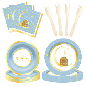DAMAI nouvelles décorations du <span class=keywords><strong>Ramadan</strong></span> <span class=keywords><strong>Ramadan</strong></span> <span class=keywords><strong>vaisselle</strong></span> ronde bleu et or assiettes tasses serviettes pour <span class=keywords><strong>Ramadan</strong></span> islamique Decore - Product Image 6