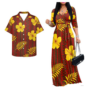 Completi coordinati estivi popolari con stampa hawaiana blu: Abiti da donna con tasche e camicie da uomo abbinate, nuovi vestiti eleganti per la chiesa - Product Image 2