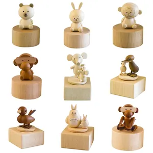 Creative Cute Animals Wind Up Customized Song Wood Mini Music Box for Gifts