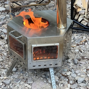 Poêle <span class=keywords><strong>à</strong></span> <span class=keywords><strong>bois</strong></span> hexagonal multifonctionnel en acier inoxydable pour le camping en plein air, pour cuisiner/chauffer/élever la température, avec pieds pliables - Product Image 1