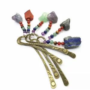 Wholesale natural metal folk craft mixed quartz 7 chakra raw stone bookmark for home decoration