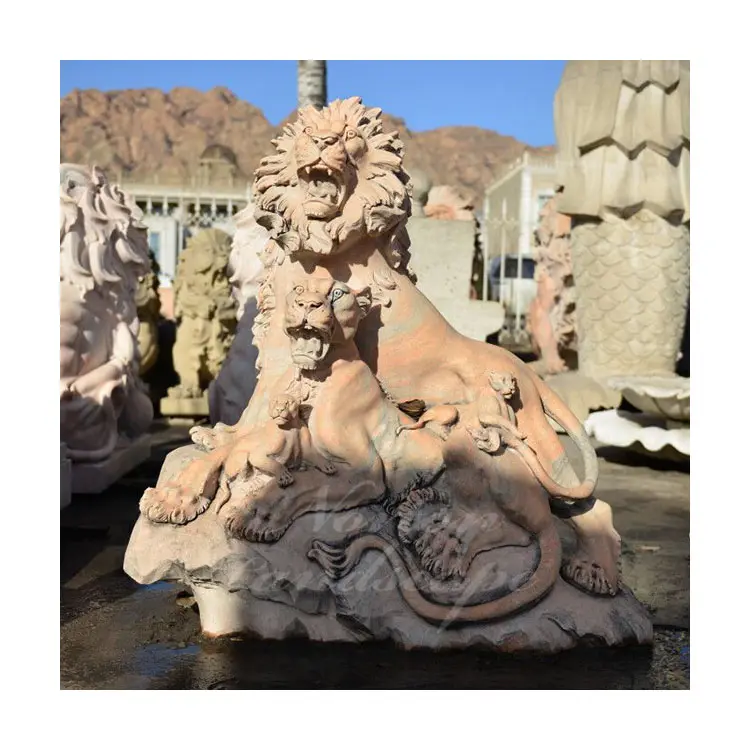 Garten Dekor Stein Tierfiguren Große geschnitzte Marmor Löwe Familie Statuen Skulptur