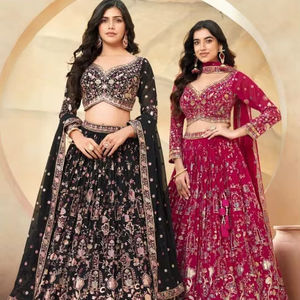 Ensemble Lehenga Choli brodé de créateur pour femme, tenue ethnique de mariée, haut court, jupe et dupatta richement brodés, pour mariage et fête - Product Image 1
