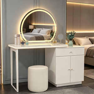 Tocador de maquillaje moderno blanco con espejo LED redondo, gabinete de almacenamiento con superficie de mármol y taburete, mesa de tocador para dormitorio - Product Image 6