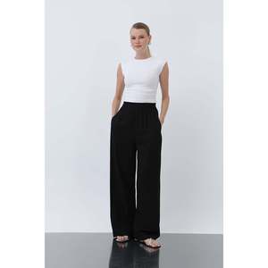 Pantalon large pour femme, taille haute, en crêpe respirant, bleu - Product Image 4