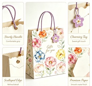 wholesale custom paper packaging shopping <b>bags</b> Elegant watercolor flower gift <b>bag</b> with scalloped edge present packing gift <b>bag</b> - Product Image 6
