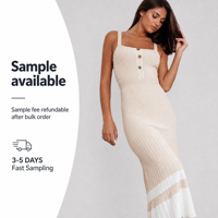 Robe midi côtelée pour femme FNJIA, beige, col carré, bretelles spaghetti, ourlet rayé, impression personnalisée, fournisseur de tricots OEM