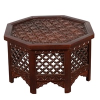 Mesa de Centro Hexagonal de Madera Tallada a Mano con Tapa de Vidrio |   Mesa de Centro con Diseño Tradicional Jali