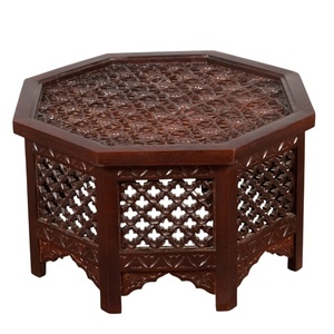 Hand-Carved Wooden Hexagon Coffee <b>Table</b> with Glass Top | Traditional Jali Design Accent <b>Table</b> - Product Image 2