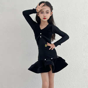Girls' Latin Bodysuit Dress Long Sleeve Dancing <strong>Fish</strong> Bone Skirt Samba Rumba Jazz Cha Cha Dance <strong>Costume</strong> - Product Image 3