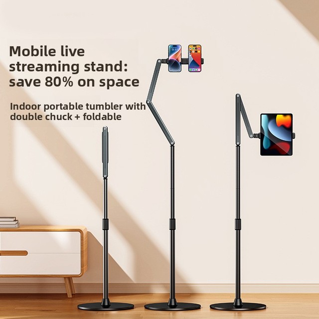 P86L 2026 Telescopic Floor-standing Tablet PC Stand Dual Clamps 360-Degree Rotation Foldable Live Streaming Shooting Stand
