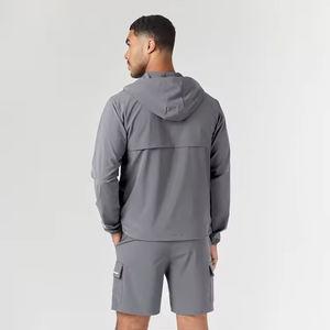 Completo Sportivo da <span class=keywords><strong>Uomo</strong></span> Personalizzato in Due Pezzi, Giacca Antivento Traspirante in Nylon con Cappuccio e <span class=keywords><strong>Pantaloncini</strong></span>, per Corsa e Fitness - Product Image 3