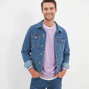 Fashion New Autumn Regular Sleeve Stand Collar Front Logo Denim Jacket for Men Barbecue Bakery Restaurant Bar Service - Product Image 1