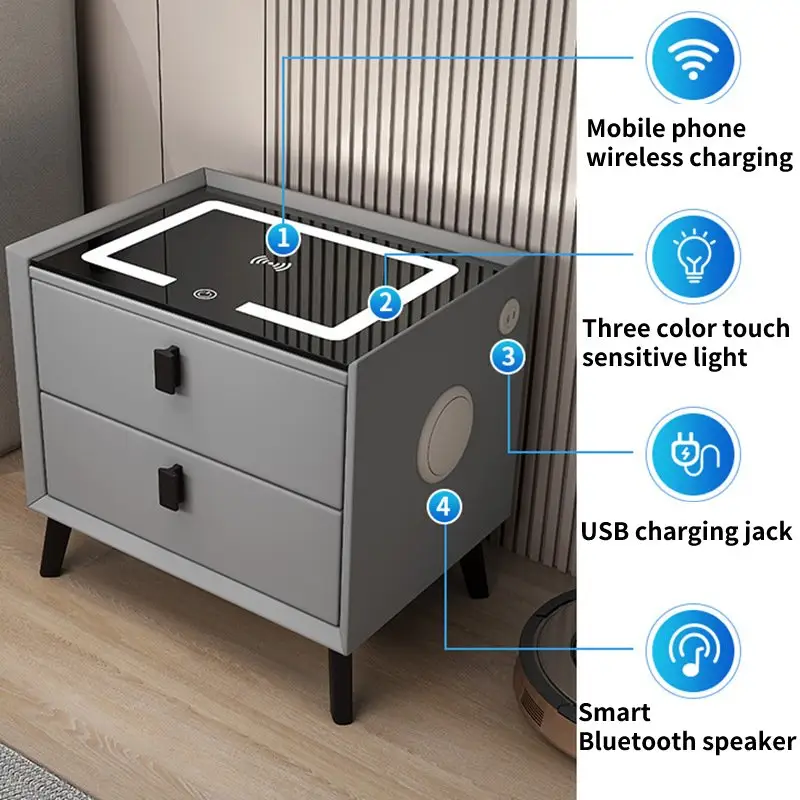 طاولة بجانب السرير ذكية للبيع بالجملة مع شحن usb لاسلكي طاولة تخزين ليلية بضوء LED