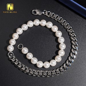 Delicado collar de perlas pulseras 18K chapado en oro cadenas de acero inoxidable media perla medio collar de eslabones cubanos para hombres y <span class=keywords><strong>mujeres</strong></span> - Product Image 3