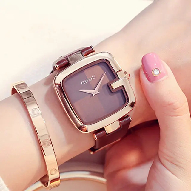 GUOU 8190 fashion brown womens quartz wrist watch wholesale hot sale original special design beautiful ultra slim wristwatch set