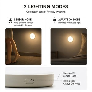Veilleuse LED à détecteur de mouvement, blanc chaud 3000K, ronde, magnétique, rechargeable Type-C, pour la maison, la garde-robe, les escaliers, la chambre - Product Image 2