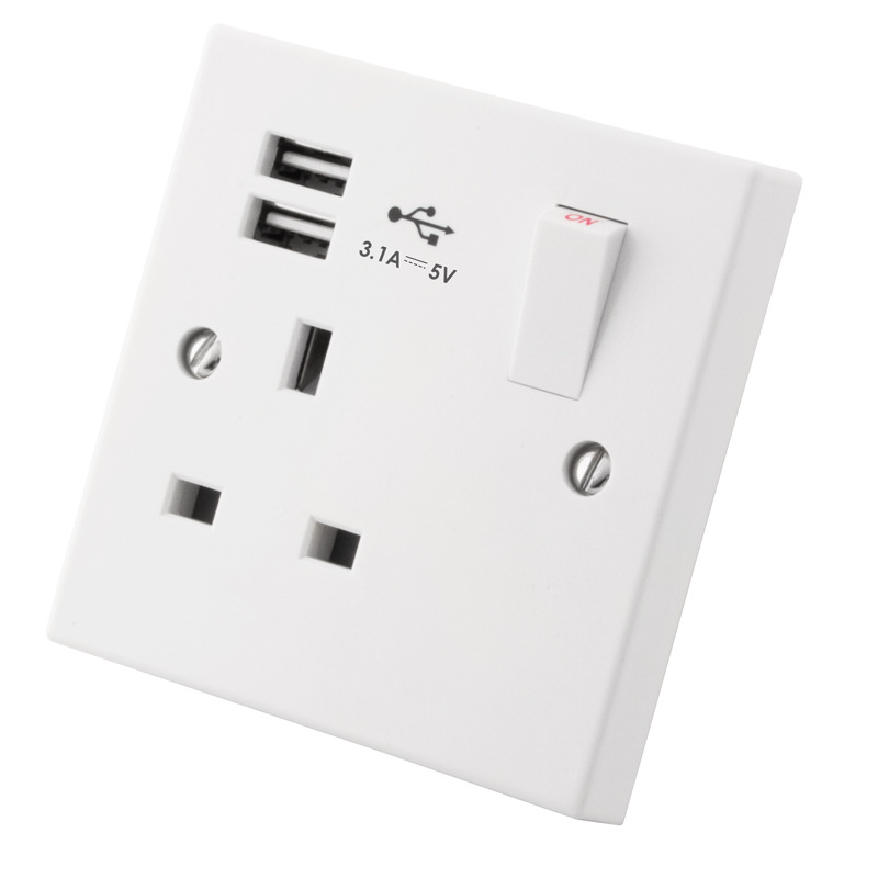 British standard wall switch socket 1 GANG 13A SOCKET WITH 2 USB 2.1A wall socket usb outlet