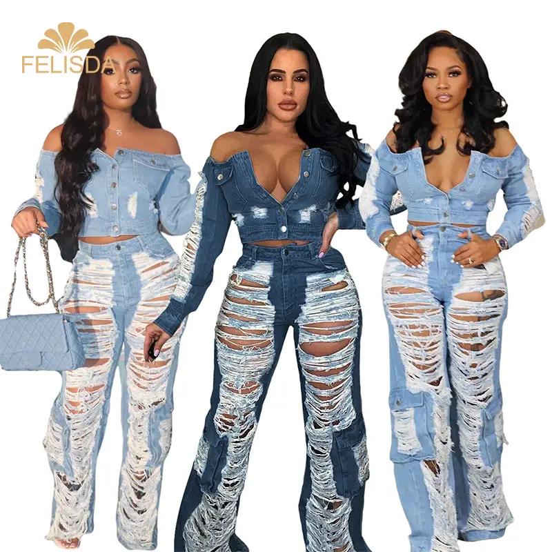 Mode zerrissene Jeans Frauen Streetwear Quaste Knopf Stretchy Hollow Out Wide Leg Jeans hose Hosen Casual Damen Jeans