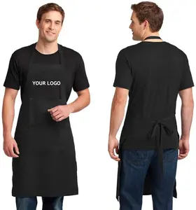 사용자 정의 로고 일반 블랙 면 폴리에스터 방수 요리사 카페 바베큐 음식 요리 청소 턱받이 주방 플라스틱 앞치마 미용사