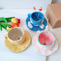 Trianglelyi-tasse à main irrégulière, tasse et soucoupe en métal coloré, bleu ciel et blanc