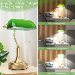 Retro màu xanh lá cây Thủy Tinh ngân hàng Đèn bàn cổ đèn bàn với cơ sở đồng thau đèn thư viện truyền thống với chuỗi kéo cổ điển - Product Image 3