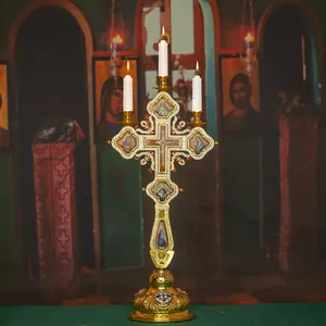 HT Religion Product Manufacture Cross Shape Taper Candle Holder Christian Easter Orthodox Cross Candlestick