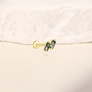 Pendientes de Plata de Ley S925 con Baño de Oro de 18K y Piedras Rectangulares Dobles de Ágata Verde Musgo Natural con Parte Posterior Plana - Product Image 3