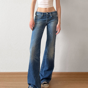 Women Washed Denim Flare Jeans Low Rise Straight Leg <b>Pants</b> Casual Street Style Fashion Trousers - Product Image 1