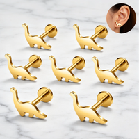 Bijou de piercing pour cartilage d'oreille en titane ASTM F136 plaqué or 18 carats/plaqué or rose, motif dinosaure, à dos plat et à vis, pour hélix et tragus
