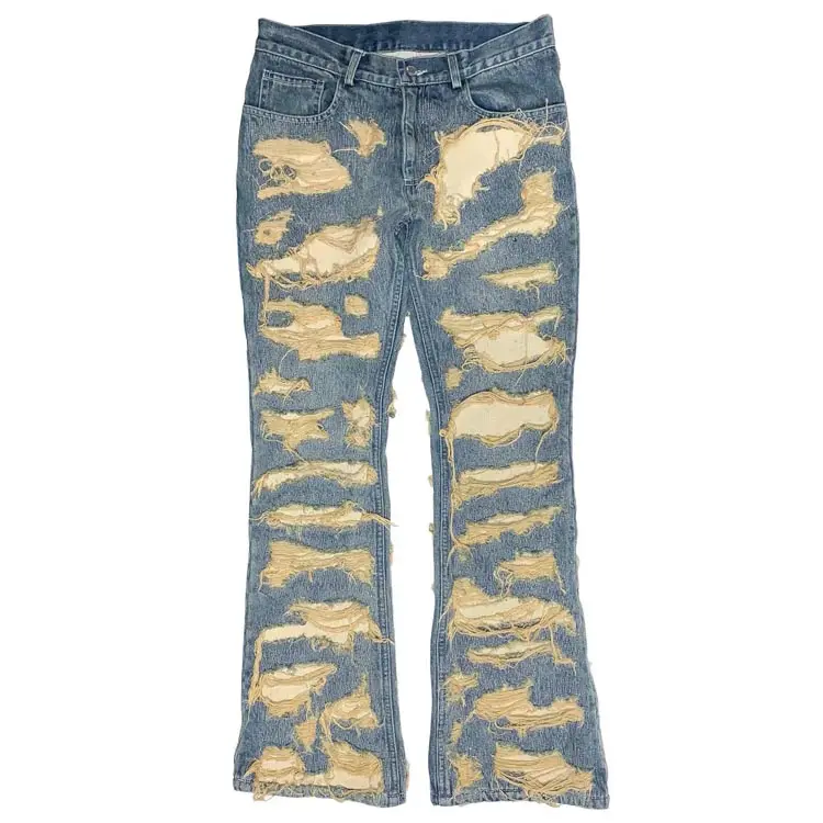 Supplier jeans men loose fit straight leg light wash denim jeans extremely distressed ripped jeans pants with white lining