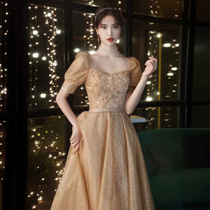 Champagne Gold Chiffon Embroidery Ball Gown Wedding Dress Sweetheart Neckline Empire Waist Floor Length for Petite Women - Product Image 1