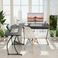 Bureau d'angle moderne en forme de L, noir, avec plateau en bois et pieds en métal, pour ordinateur, mobilier de bureau à domicile
