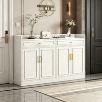 Buffet moderne en bois blanc avec rangement pour chaussures, 2 tiroirs, 4 portes, poignées élégantes en métal doré, autoportant pour salon et salle à manger