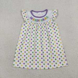 RTS Mardi Gras Floral Embroidery Summer Cotton Dots Print ODM Kids Girls Ruffles <b>A</b>-<b>Line</b> <b>Dress</b> Wholesale Clothing - Product Image 4
